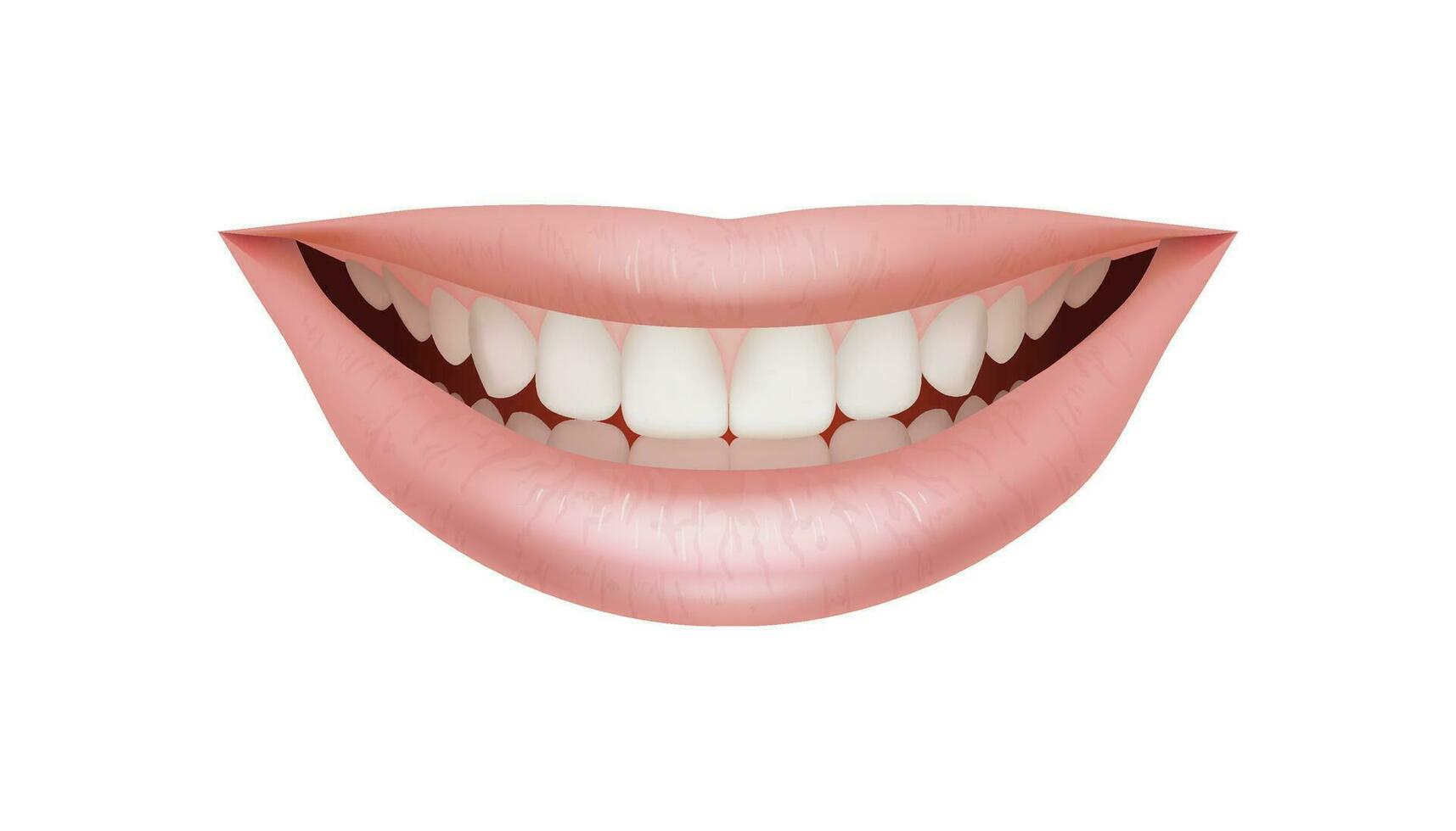 Realistic and beautiful 3D illustration of a female smile, featuring shiny pink lips and white teeth. Perfect for dental, cosmetic, or oral care themes. Isolated on a white vector