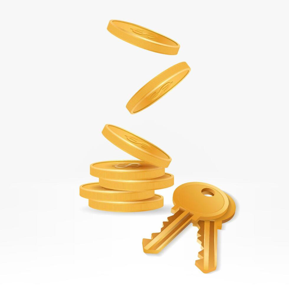 Realistic 3D vector image of a pile of golden coins with metal house keys in front. Perfect for real estate, property, investment projects. Concepts of wealth, money management, passive income