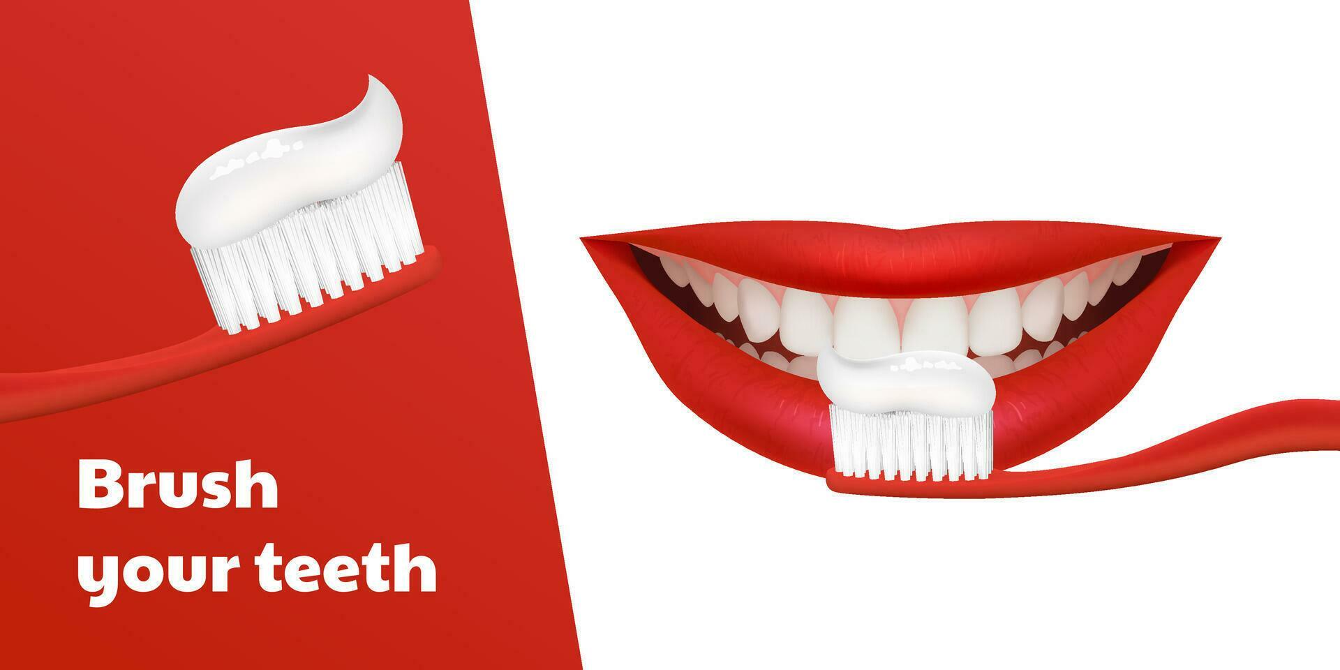 3D vector banner featuring a red toothbrush brushing realistic teeth with a beautiful smiling
