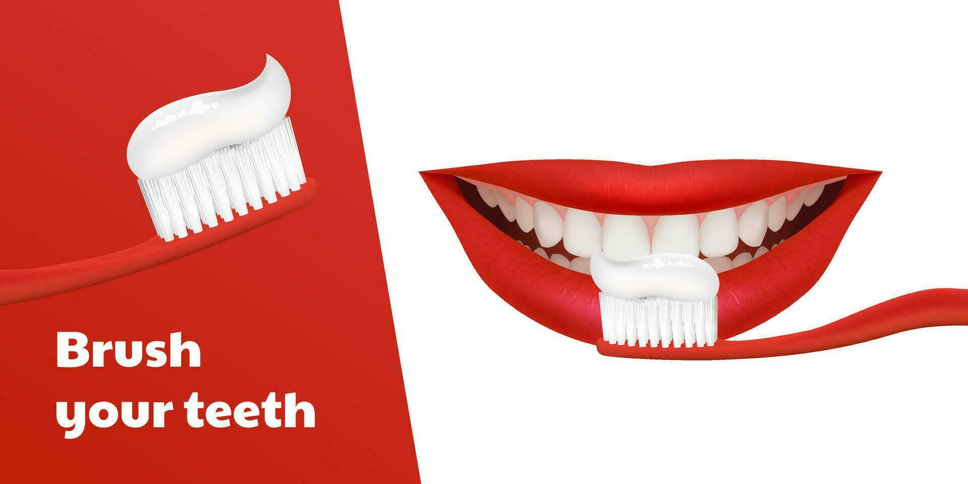 3D vector banner featuring a red toothbrush brushing realistic teeth with a beautiful smiling red lips. For dental equipment, caries treatment. Toothpaste promotion, protection and enamel whitening