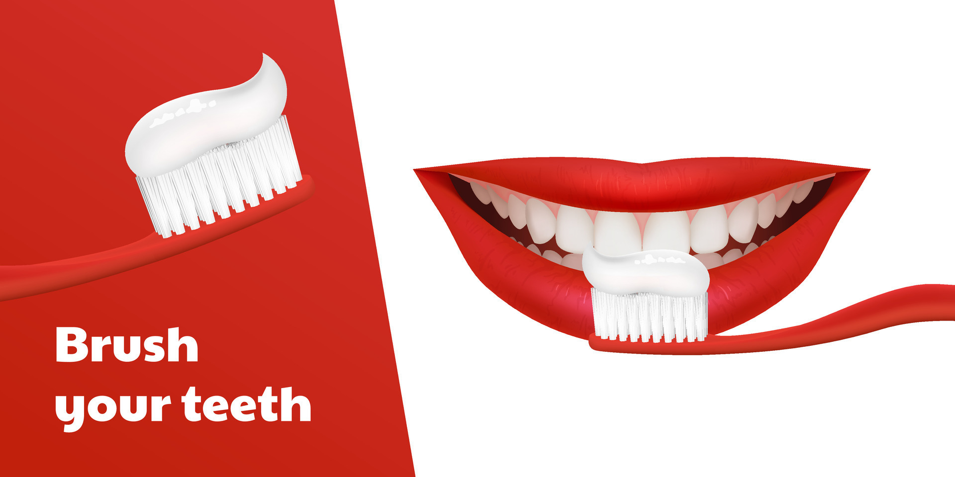 3D vector banner featuring a red toothbrush brushing realistic teeth