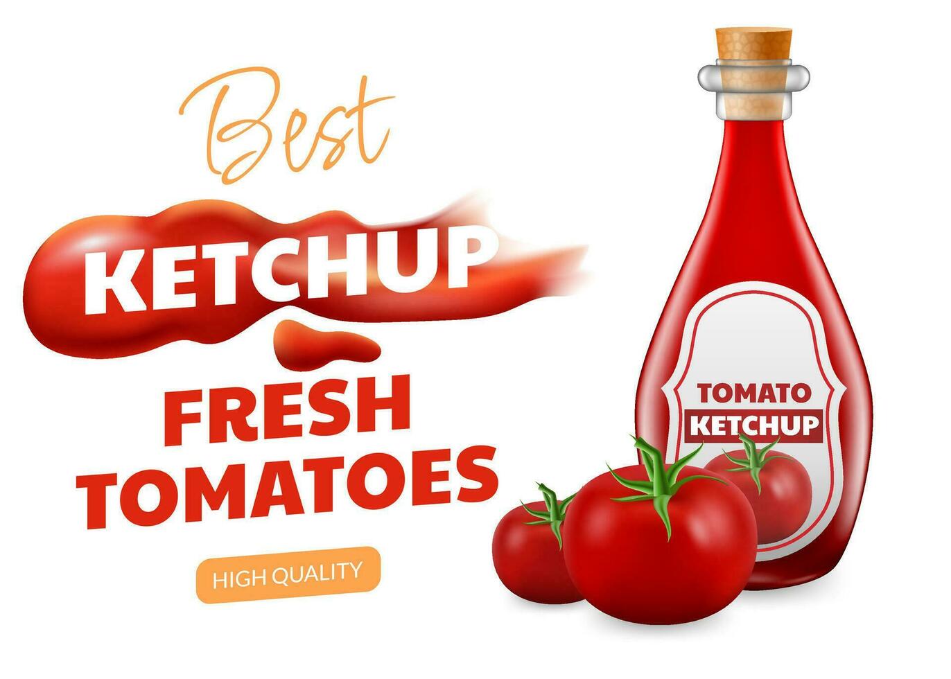Realistic 3D vector illustration of a glass bottle with vibrant and tasty ketchup. The image showcases the liquid sauce dripping and forming a stain. For ads, banners, or packaging designs