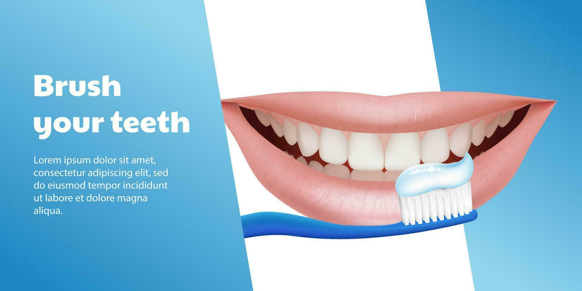 3D illustration of a blue toothbrush brushing realistic teeth with a smiling expression. This medicine banner design promotes dental care and oral hygiene. For dental clinics, health care, and hygiene vector