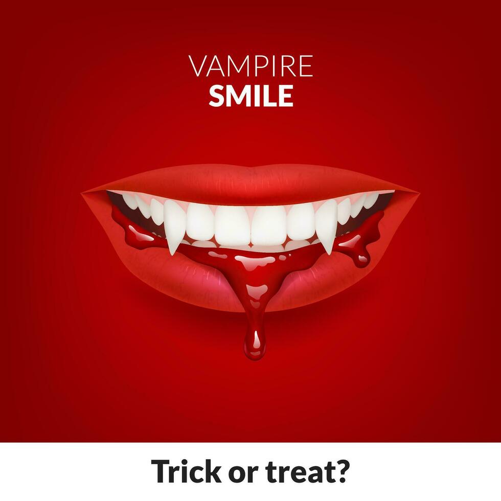 Vector illustration of a vampire smile, featuring sharp fangs and blood red lips with bloodstains and drops. Ideal for horror or spooky themes. Vampire bite. Get ready for a Halloween trick or treat