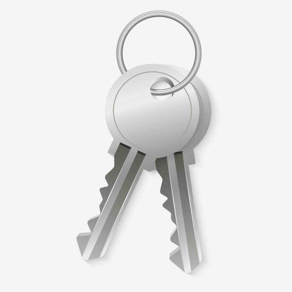 3D vector illustration of a realistic metallic silver key with a keyring on a white background. Symbolizing access, security, and privacy. Perfect for real estate, home, and property concepts.