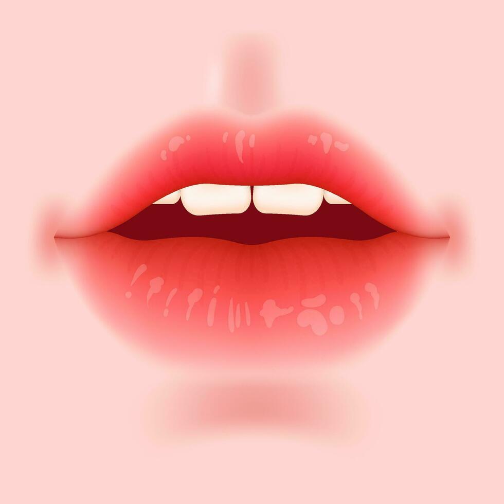Realistic, plump lips with a matte red lipstick. Health and glamour of the skin. Perfect for beauty care, makeup, and sensual designs. Korean makeup on pale beige skin. Open mouth with teeth. vector