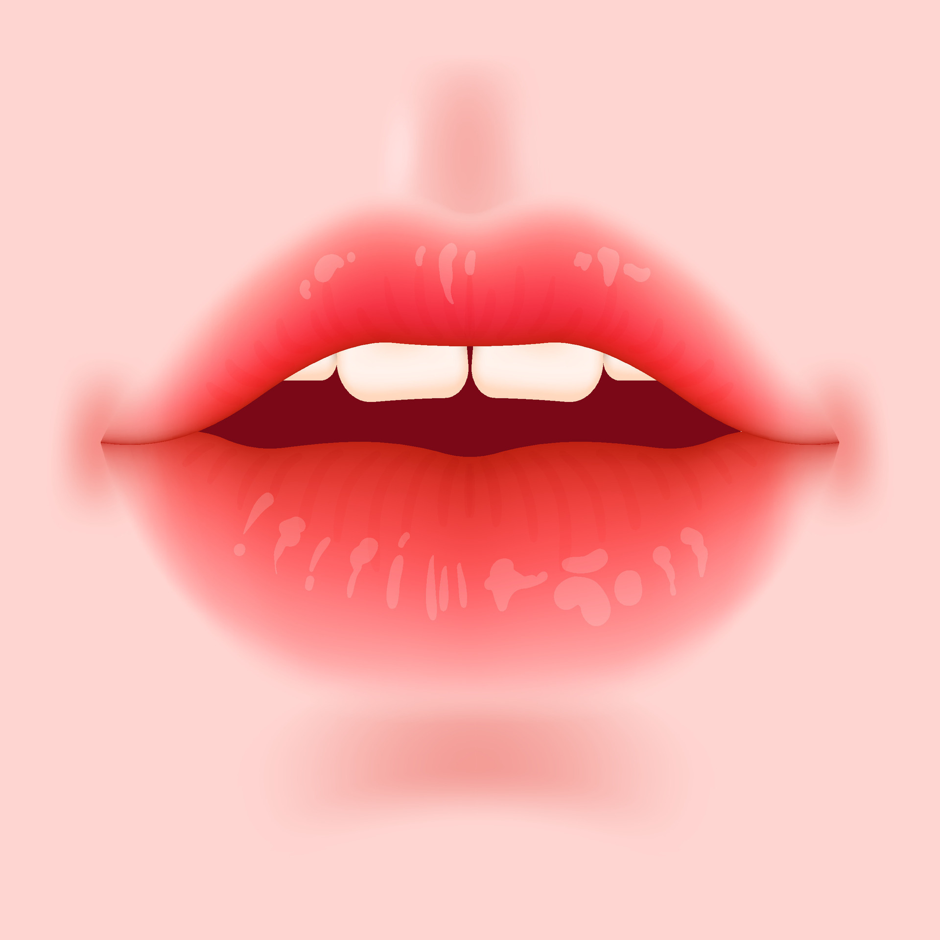 Realistic, plump lips with a matte red lipstick. Health and glamour of the  skin. Perfect for beauty care, makeup, and sensual designs. Korean makeup  on pale beige skin. Open mouth with teeth.