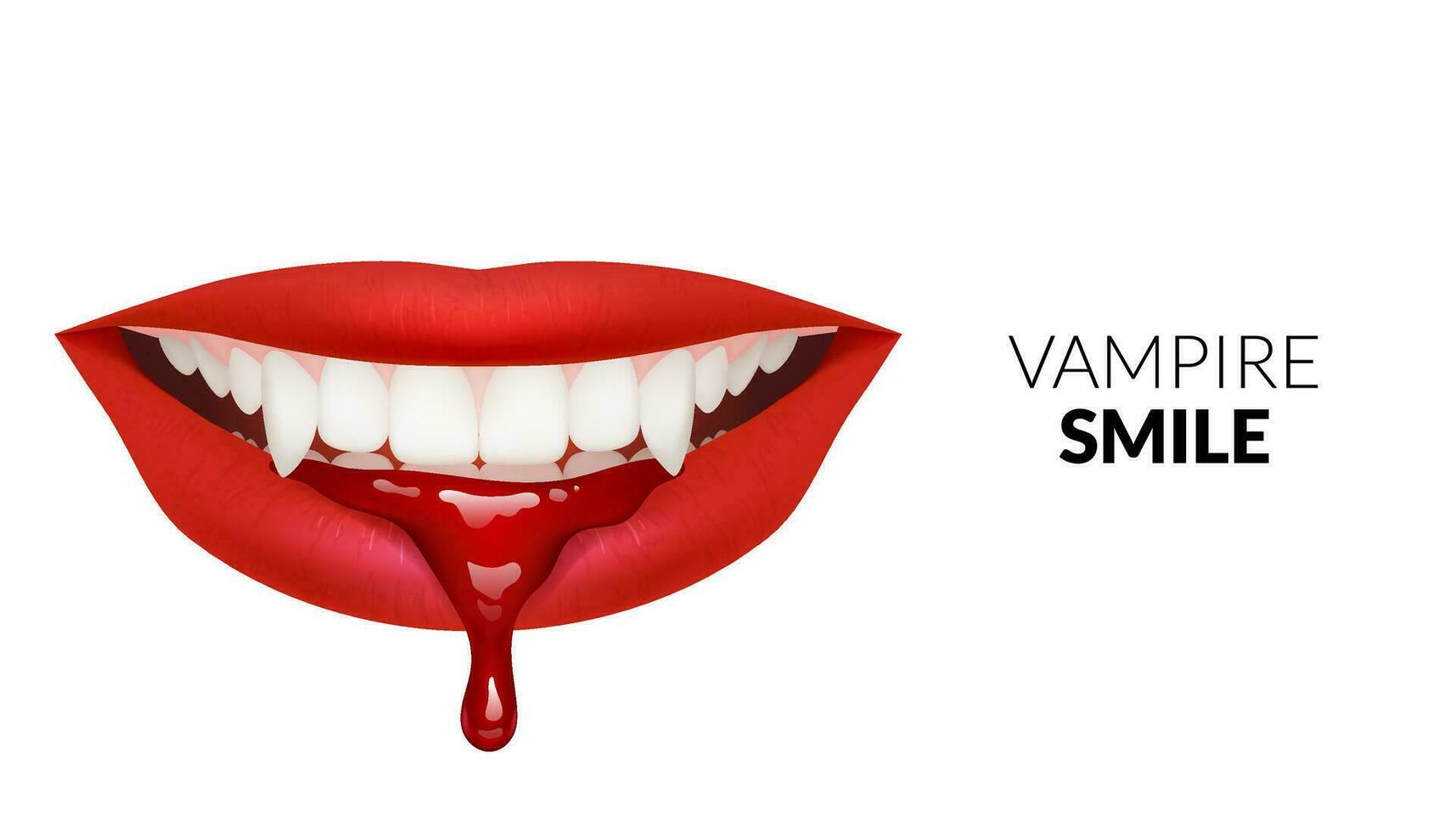 3D illustration of a vampire smile, featuring sharp fangs and blood red lips with splatters of blood drops. Ideal for horror or spooky themes.  Realistic teeth and lips. vector