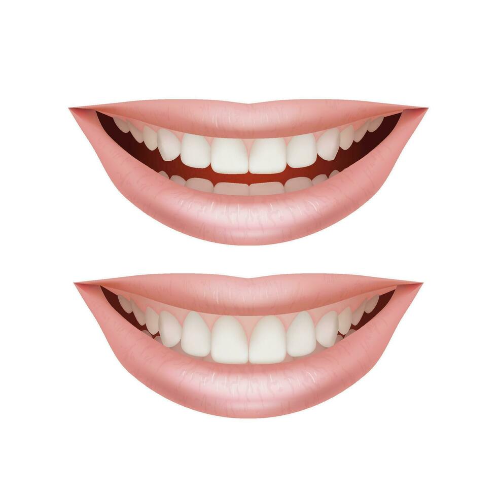 Set of 3D illustrations featuring realistic lips with beautiful smiles. Collection showcases the anatomy of healthy teeth and dental care. For dental clinics, dentists, and orthodontics, makeup vector