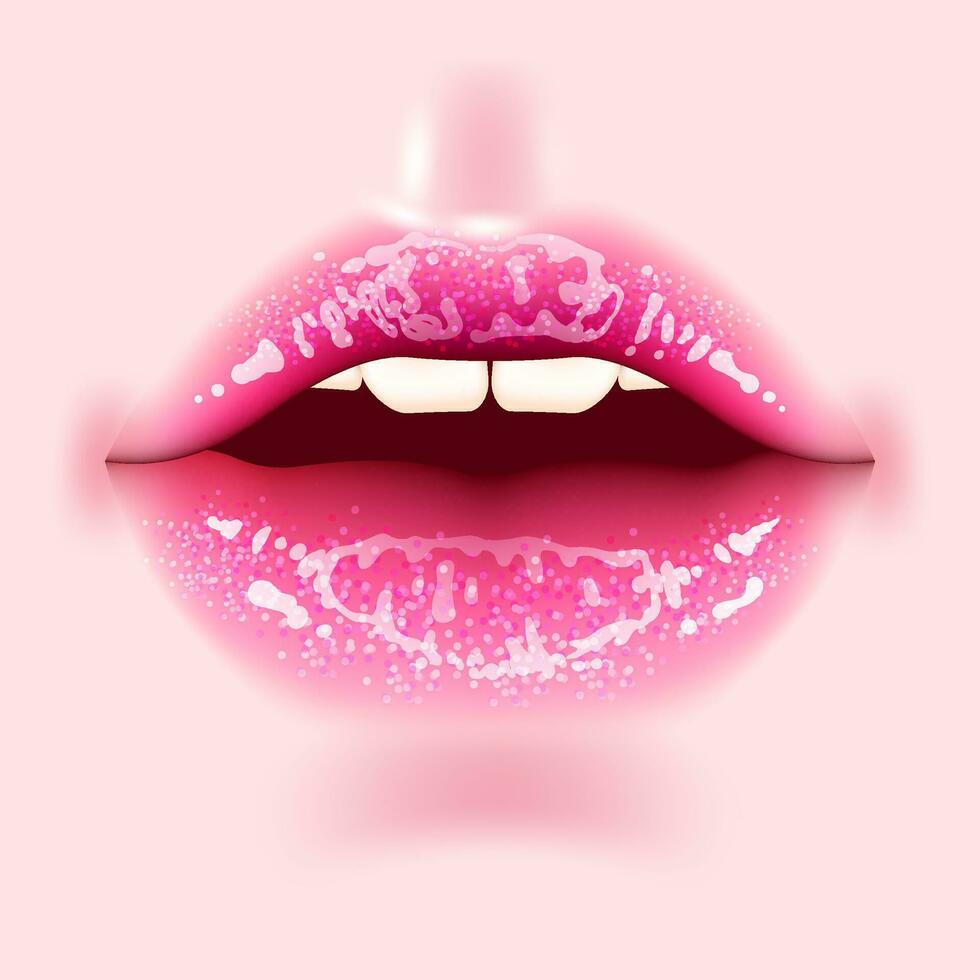 realista labios con un lustroso brillar. el brillante textura agrega un toque de glamour y estilo a estos maravilloso rosado labios. Perfecto para cosmético, moda, San Valentín día, lápiz labial promoción bandera vector