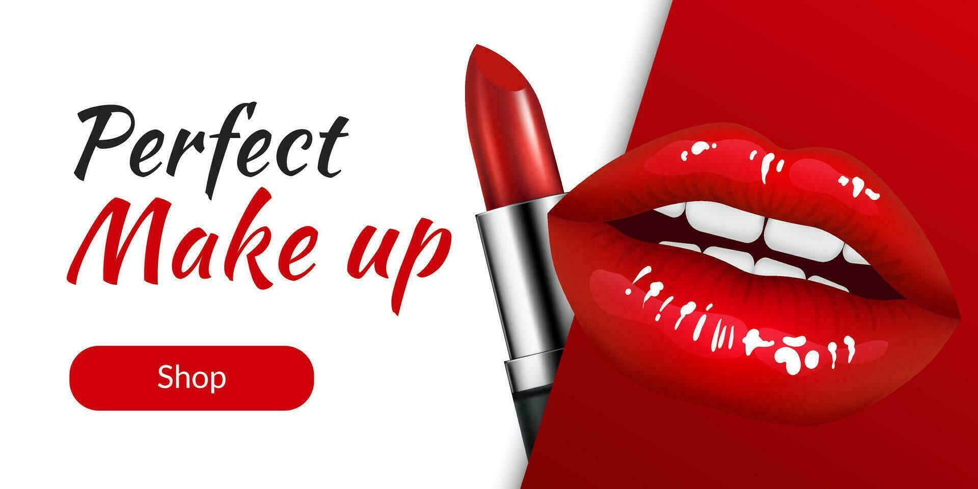 3D illustration of realistic lips with a glossy red lipstick, for beauty salon advertising. Horizontal banner of elegance and glamour of the lip product. Premium and luxurious design of makeup ad vector