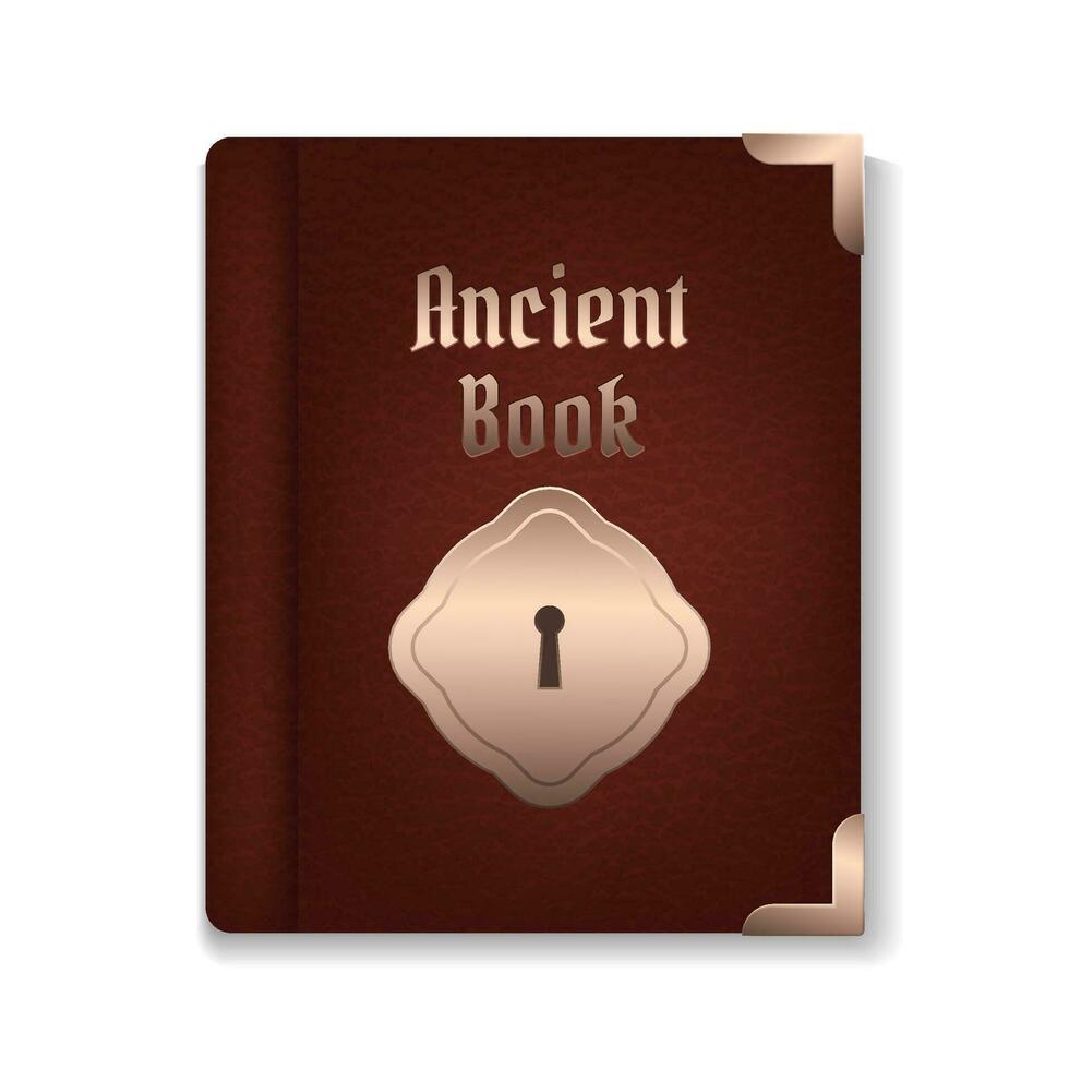 A vintage vector image of an ancient brown leather book with a closed cover. The isolated illustration showcases the antique design, featuring a grunge texture and decorative elements.