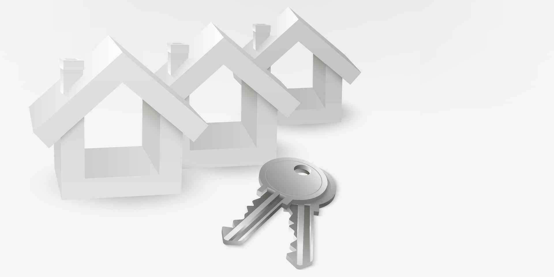 3D vector image of a real estate white house, realistic silver keys . Illustrates property purchase, investment, mortgage, home buying process, and revenue generation. Perfect for real estate