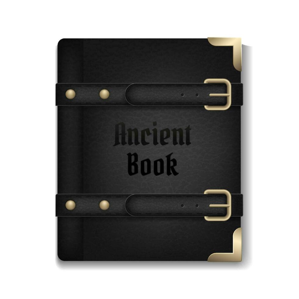 Vintage vector image of an antique hardcover book with a black leather cover and ornate gold design. Isolated on white background, perfect for scrapbook, education or history projects