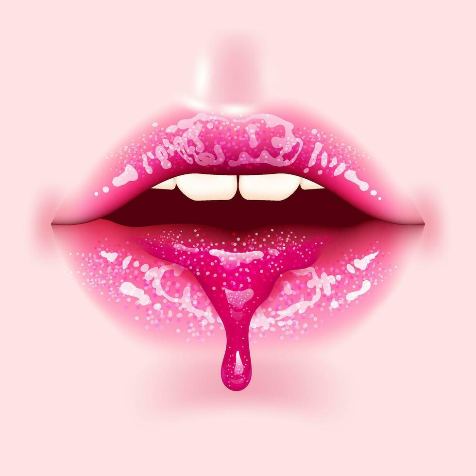 3D illustration featuring realistic lips with a stunning pink lip gloss effect. The lips glisten with shimmer and glitter, resembling a luxurious liquid drop. Trendy dripping lips. For cosmetic vector