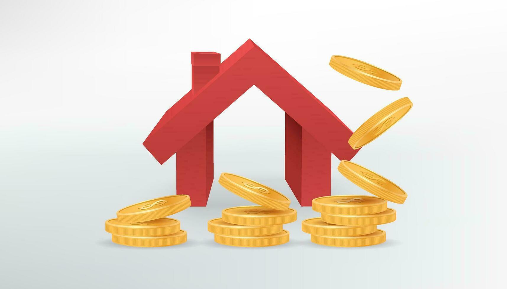 Realistic 3D vector image of a red little house model with a piles of gold coins. Money falling. Growth of the financial wealth. Perfect for real estate, property, and investment