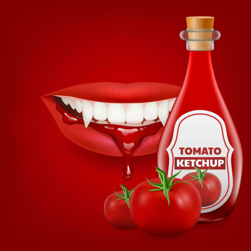 3D illustration of realistic red lips with a vampire fangs. Ketchup drips from the lips, its a funny and creative ad concept. Perfect for food advertisements, banners, or ketchup promotions. vector