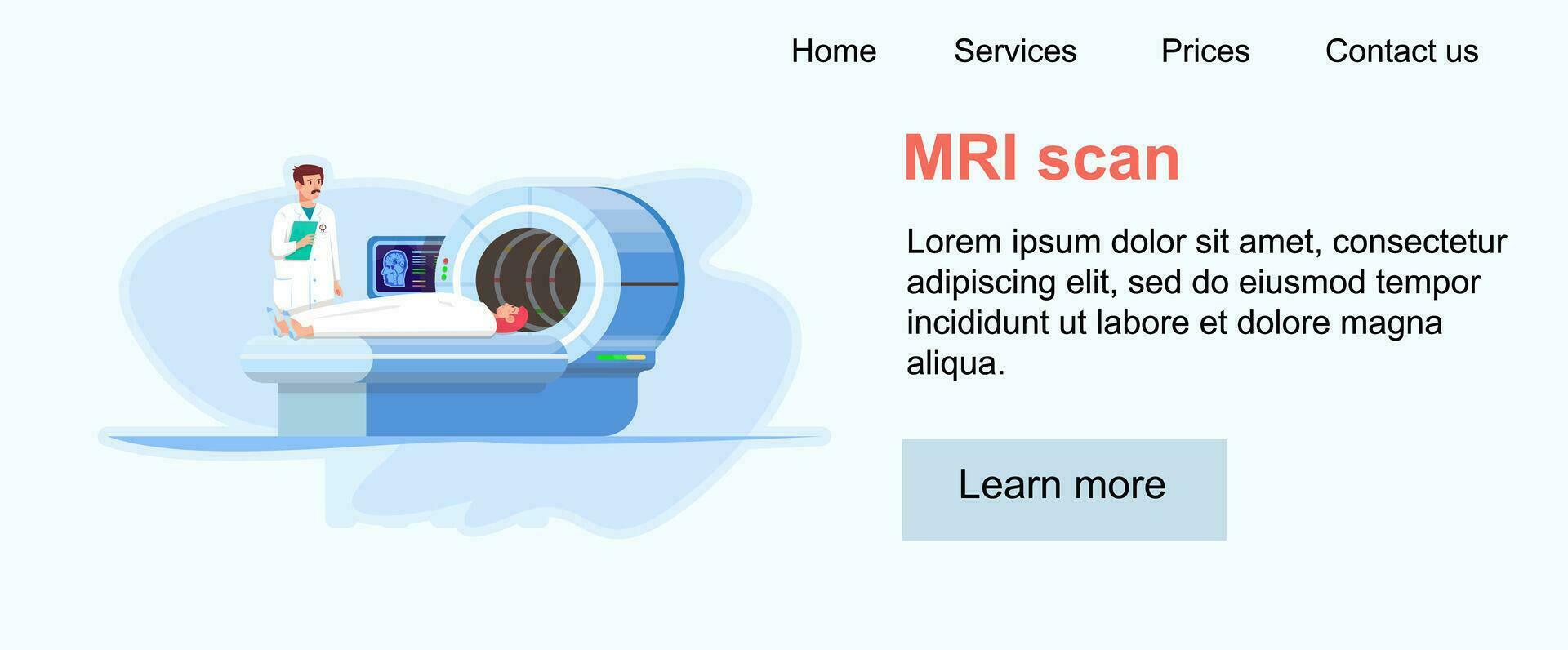 Web site design. Landing banner, header. MRI device. MRI scan. Magnetic reasoning imaging. Doctor is explaing to the patient the process of scanning. Patient is laying on the device. equipment. vector