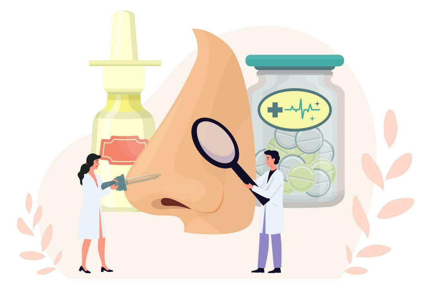 Nose disease concept. Nasal disorder treatment. Snots, running nose. Otorhinolaryngology concept. Physician appointment. Cold, rhinitis, sinusitis cure. Medical drops, medicines. Flat vector