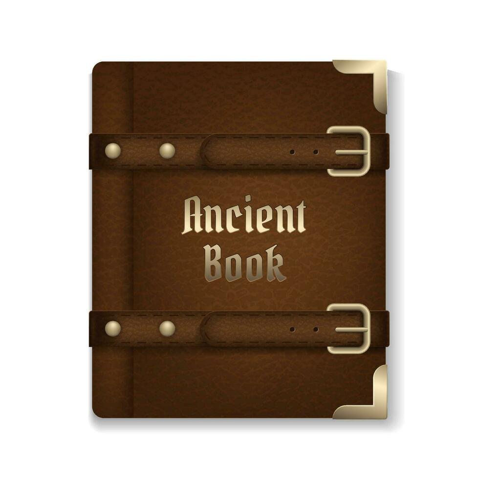 Antique vector image of a closed brown leather book, perfect for Halloween or fantasy themed designs. The realistic design features a gold corners on the cover and a textured leather surface