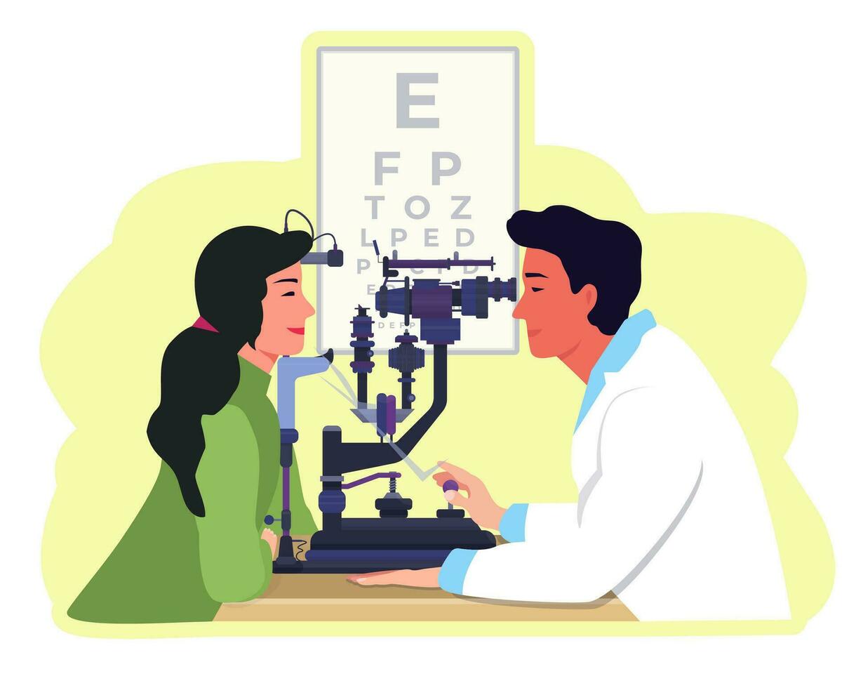 Ophthalmologist checking patient eyesight using slit lamp. Eye doctors, oculists. Appointment. Eye care. Checkup.Woman client and doctor. Eyesight checkup. Flat vector .