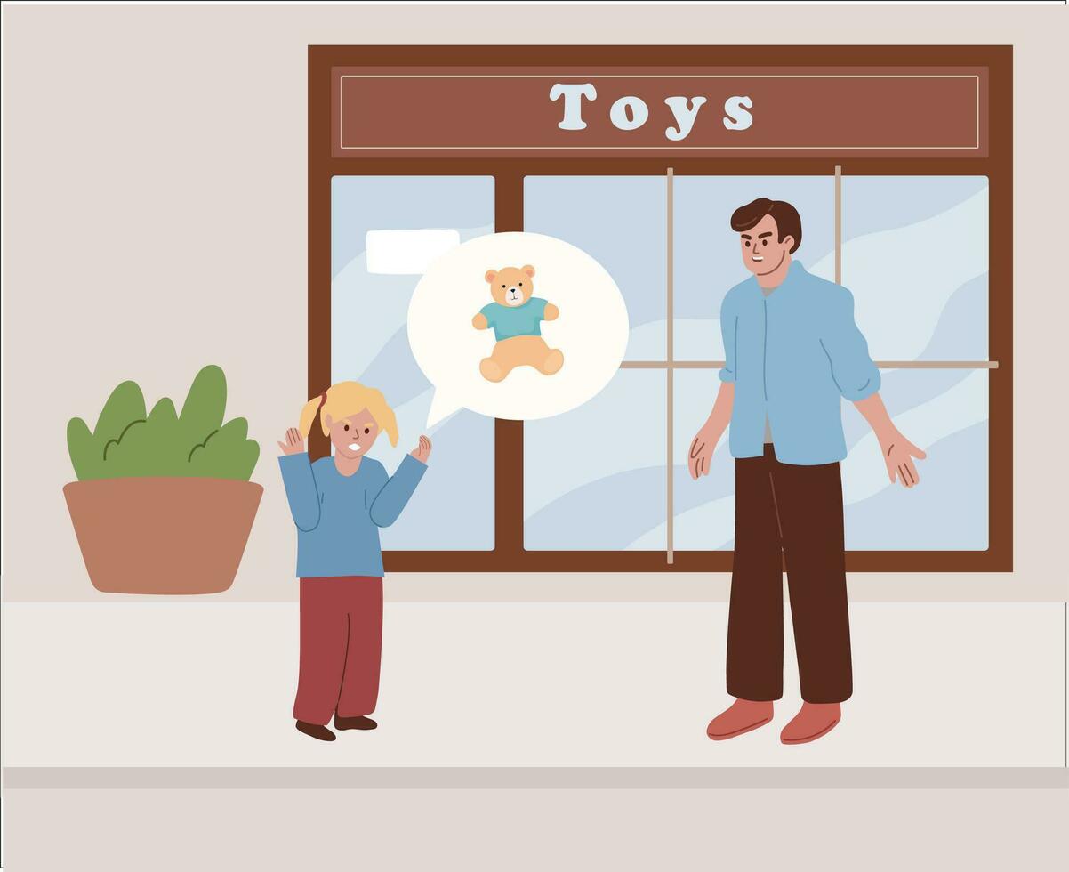 Angry girl throwing a tantrum near toy shop. Little child demanding to buy a toy. Father and daughter. Bad behavior. Kid with aggressive emotions. Flat vector illustration.