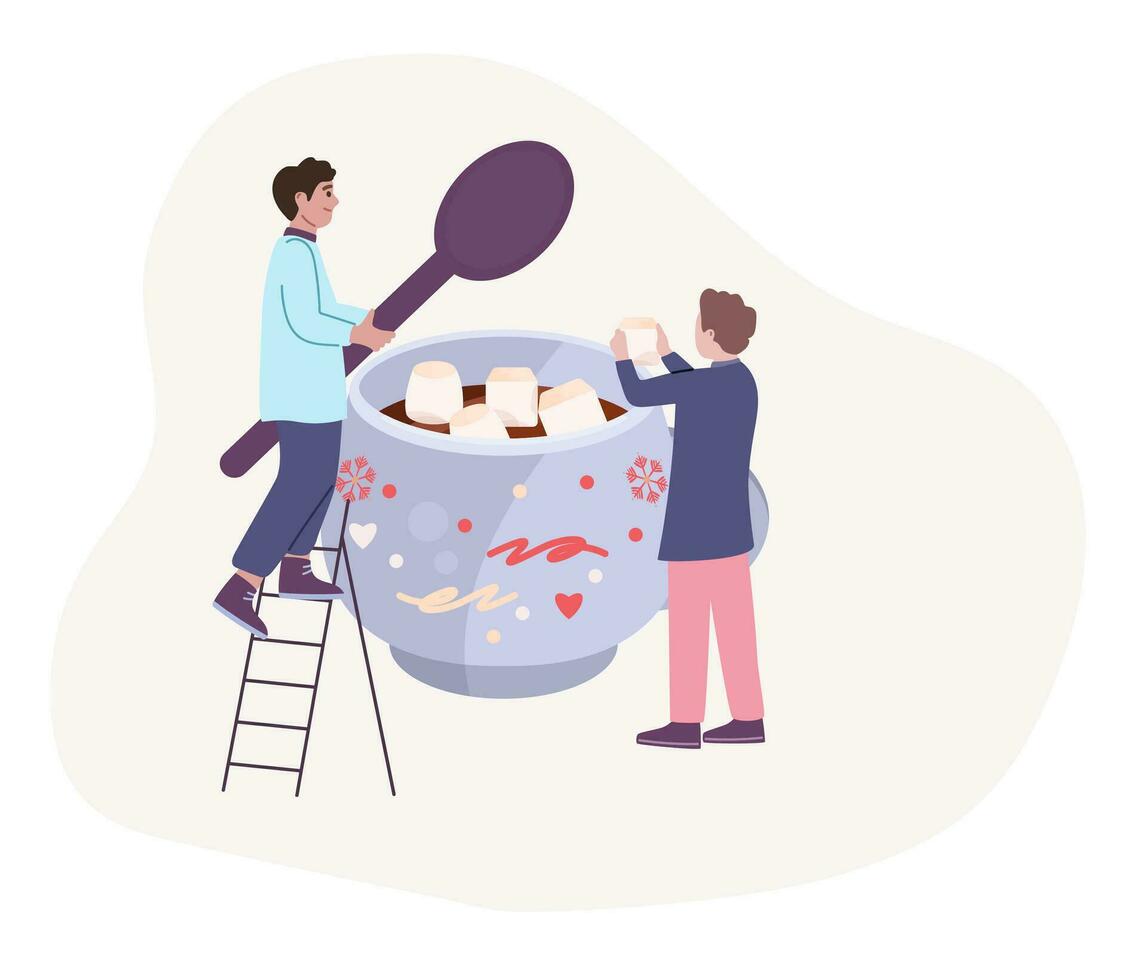 Tiny men making delicious coffee with marshmallows. Hot drink concept. Coffee time. Flat vector illustration.