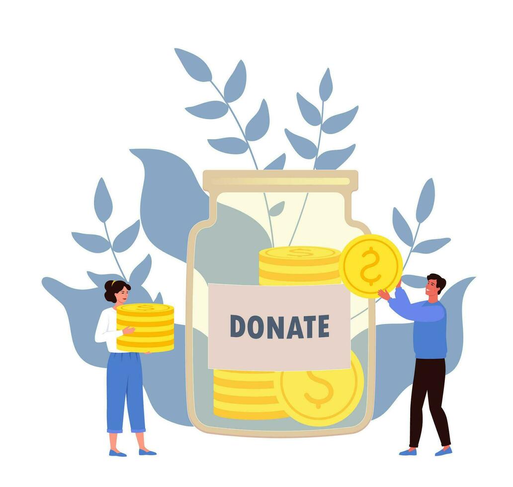 Money donation. Humanitarian aid, charity. People donating finance, money to organizations. Refugee help. Charitable help to nonprofit funds. Flat vector illustration. Jar with coins, tiny man, woman.