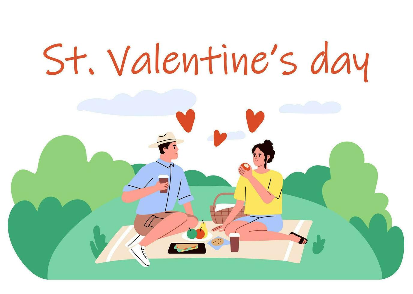 Romantic date on st valentine day. Card. Man and woman on a picnic. Boyfriend and girlfriend. Husband, wife in love. 14 February celebration. Happy couple together. Sweethearts. Flat cartoon vector. vector