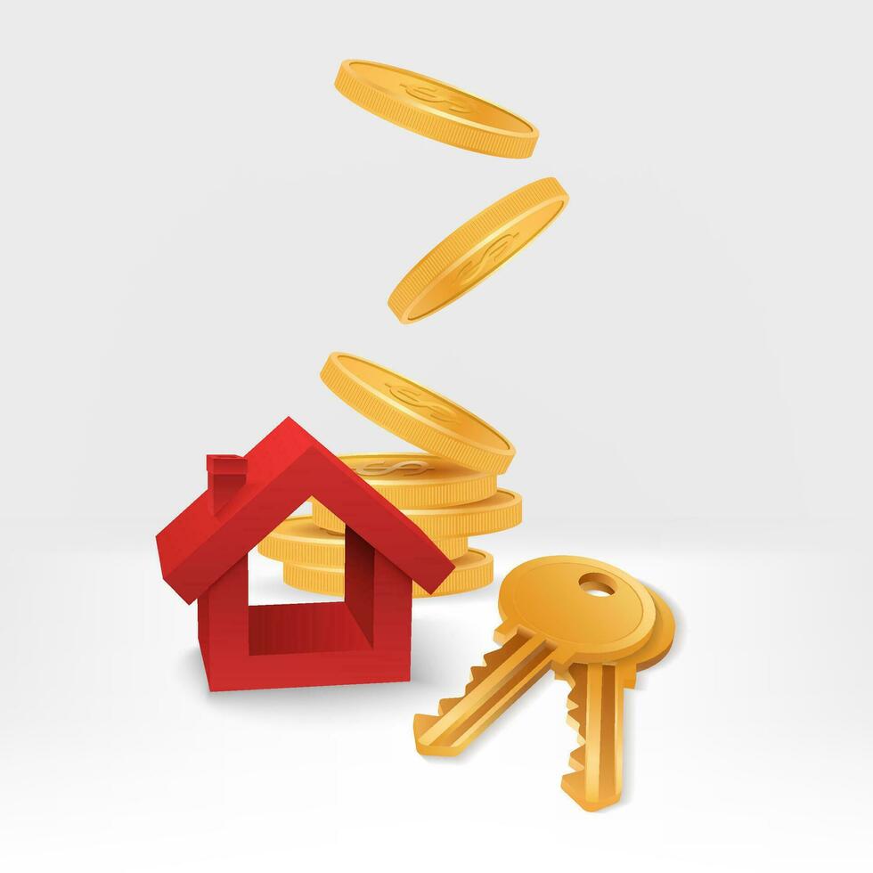 Realistic 3D vector image of a pile of golden coins with a red house and metal key. Perfect for real estate, property, and investment projects. Includes concepts of wealth, prosperity, and success