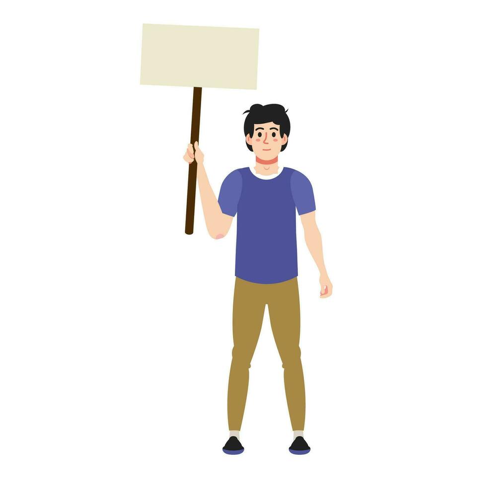 Man holding banner, placard. Demonstration. Poster with ad, information. Flat vector illustration.