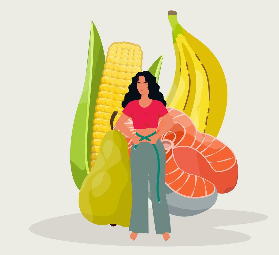 Slim woman standing with healthy food on the background. Girl measuring her waist. Diet. Healthy eating concept. Flat vector illustration.