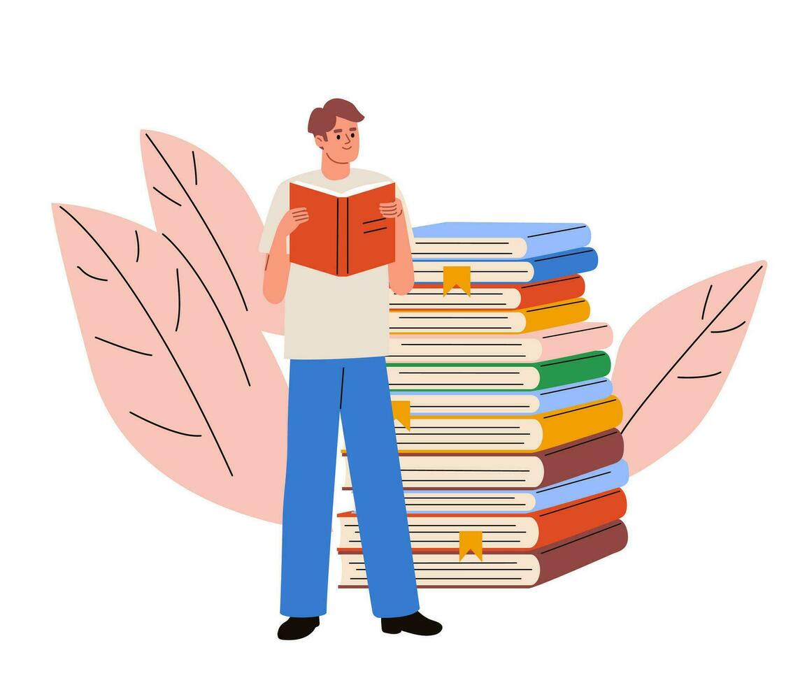 Man reading paper book, standing near the book pile. Reading concept. Library, book shop. Flat cartoon vector illustration.