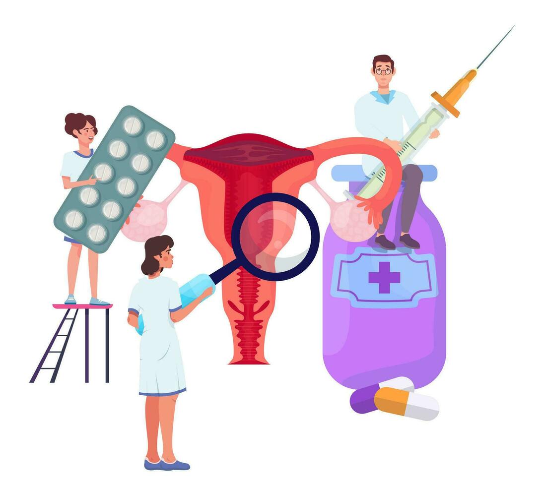 Female reproductive system examination concept. Uterus, womb treatment. Gynecologists and therapist appointment.  Infertility, inflammation diagnosis. vector