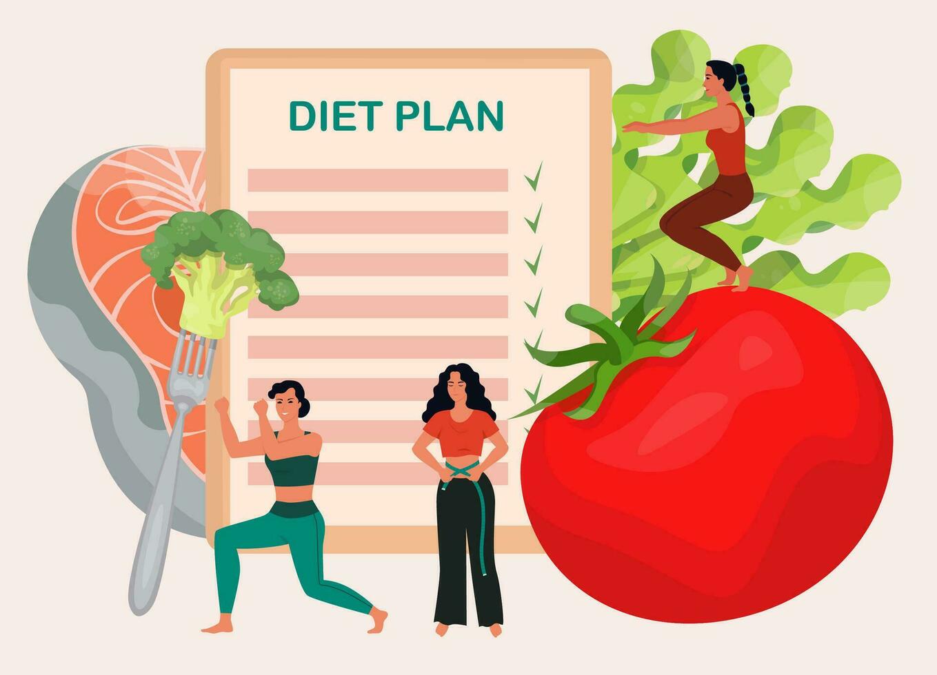 Diet plan concept. Diet program. Weight loss to do list. Girls training, doing exercises. Healthy food, vegetables. Woman measuring her waist. Flat vector illustration.