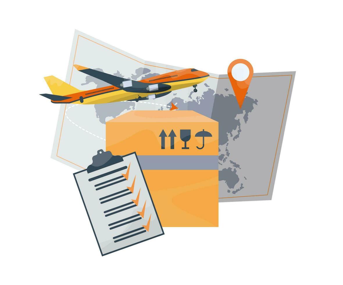 Logistics concept. Big box delivered by plane. Cargo delivery. International delivery service. Logo, icon. Flat vector illustration.