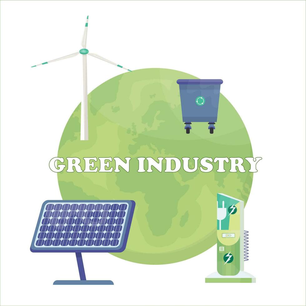 Sustainable energy concept. ESG. Solar panels, windmills, waste sorting. Green energy. Environmental, Social, and Corporate Governance illustration. Eco-friendly. Flat vector illustration.