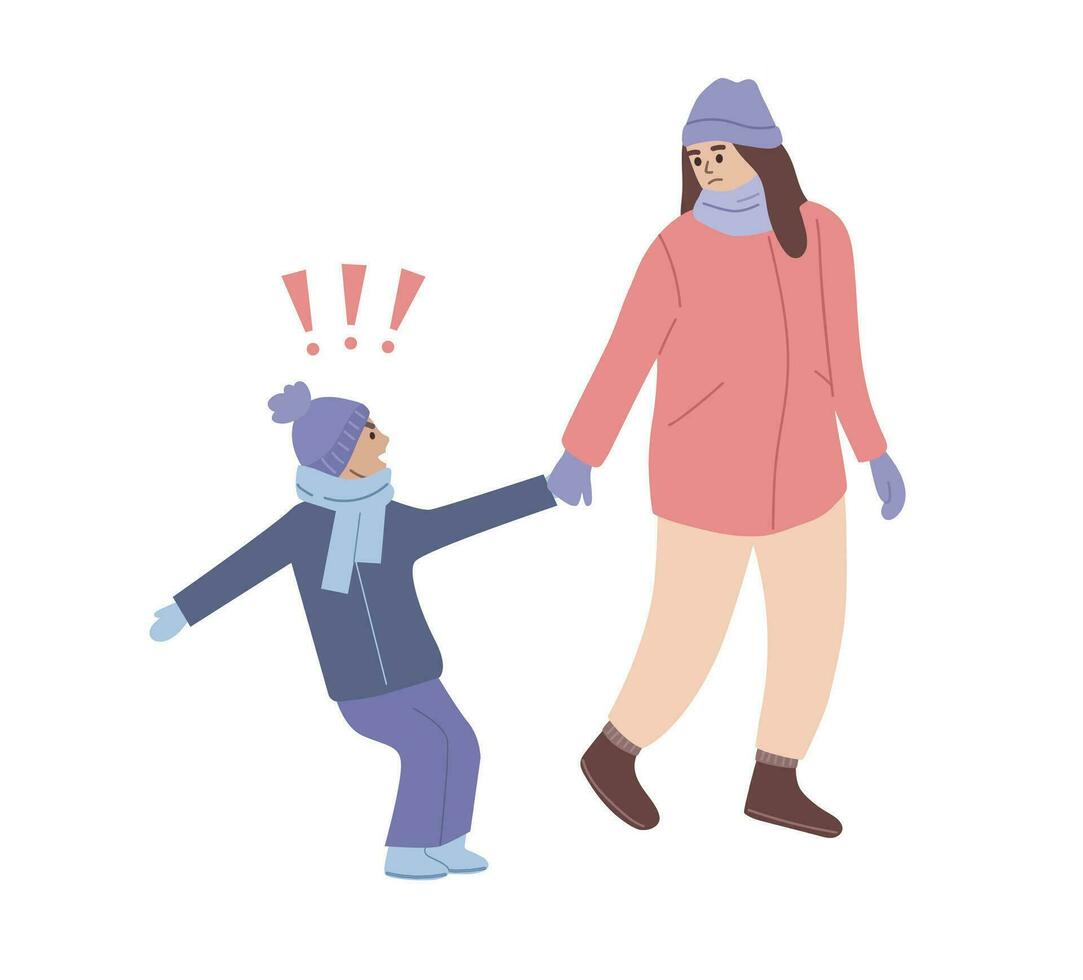 enojado chico tracción su madre por el mano. niño lanzamiento un berrinche. pequeño niño gritando. malo comportamiento. niño con agresivo emociones plano vector ilustración.