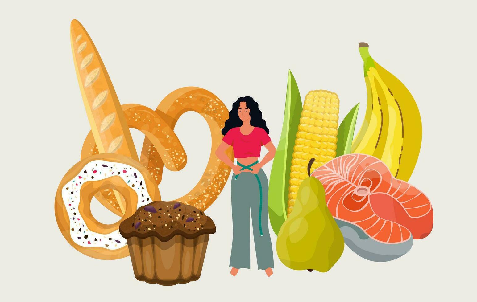 Woman on a diet measuring her waist with junk food and healthy food on the background. Healthy eating. Weight loss concept. Flat vector illustration.