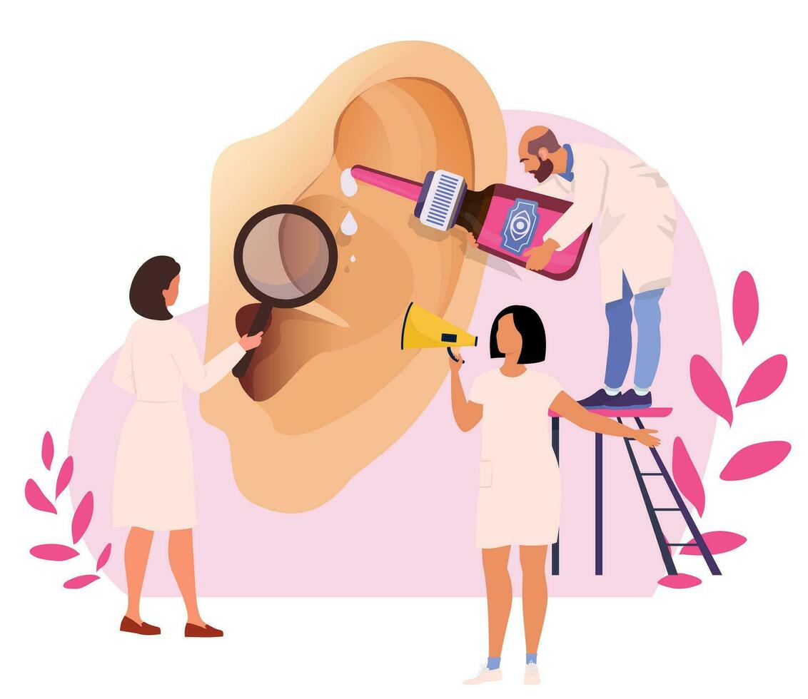 Ear medical examination concept. Hearing loss deaf diagnosis. Doctors at the otolaryngology appointment. Huge patient ear and tiny experts. Flat vector illustration