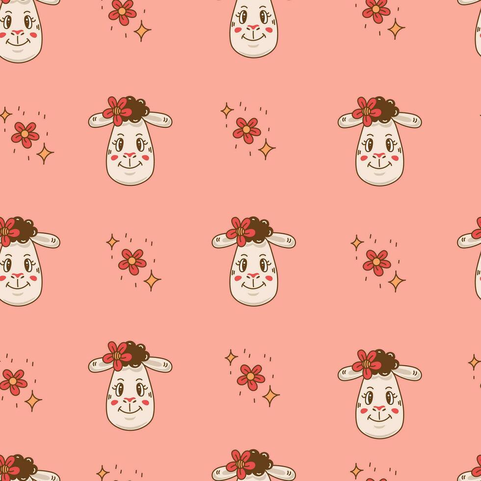 Cute cartoon seamless pattern with doodle sheep vector