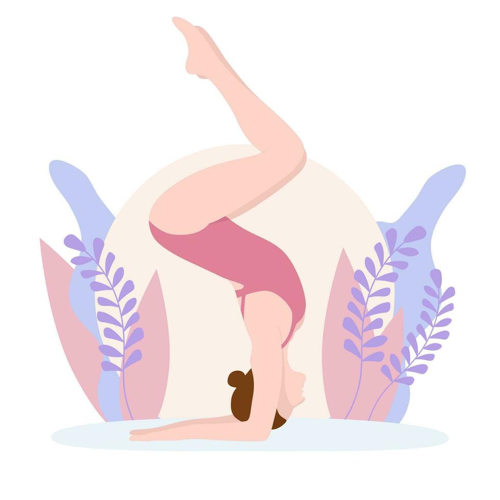 A Young Girl in a Pink Swimsuit Practices Yoga, Stands in a Pose. Vector Illustration in Flat Style.