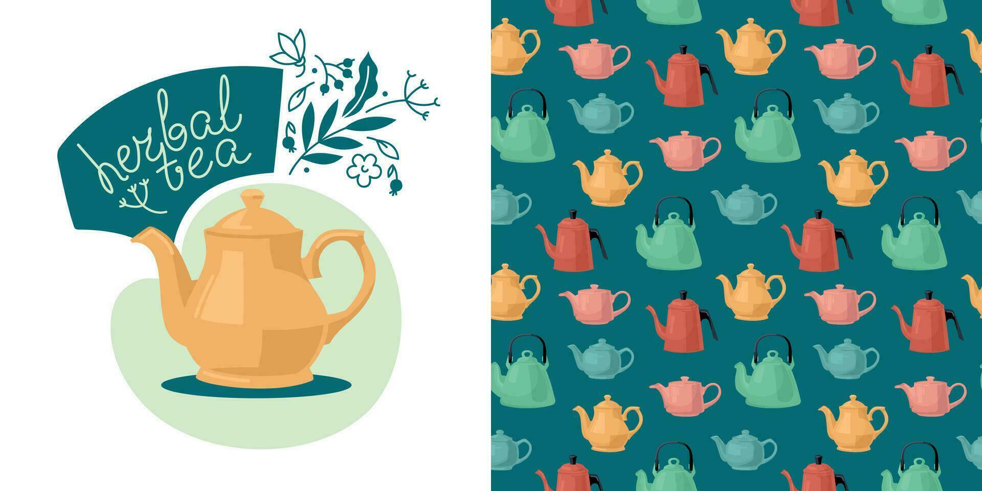 Composition of a teapot, and herbs and inscriptions. Pattern of colored teapots. Vector image.