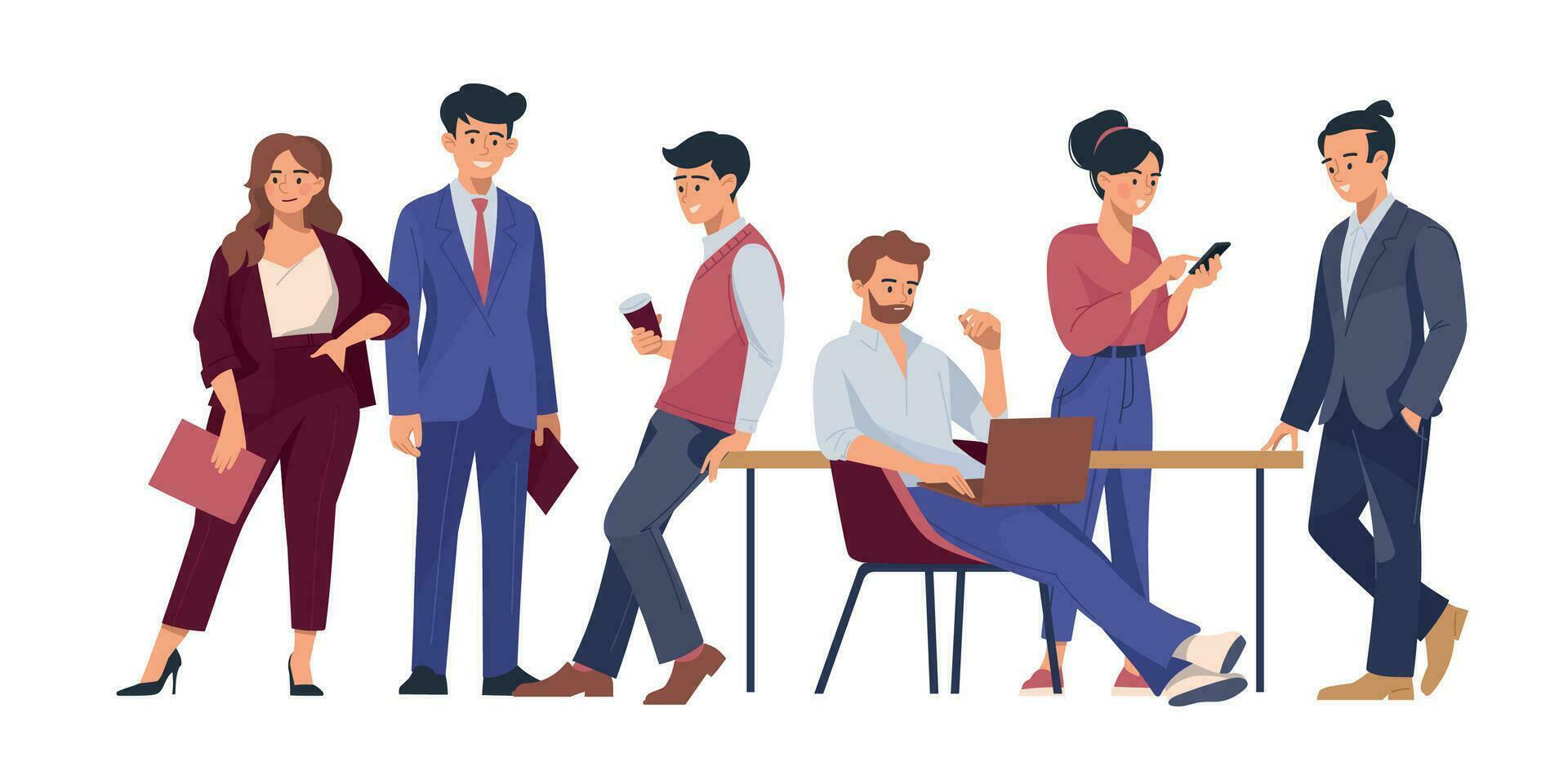 People at work. Business people. Men and women in business suits. A man with a laptop. Solving work issues. office life. vector