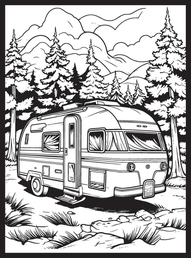 RV Road Trip Coloring Pages Adults vector