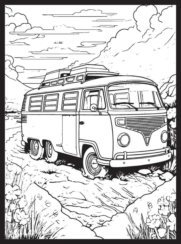 RV Road Trip Coloring Pages Adults vector
