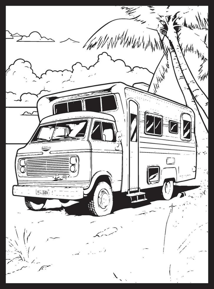RV Road Trip Coloring Pages Adults vector