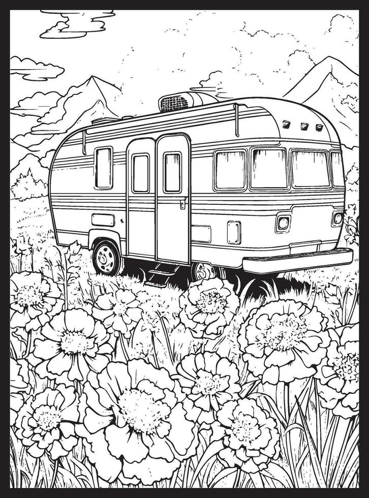 RV Road Trip Coloring Pages Adults vector