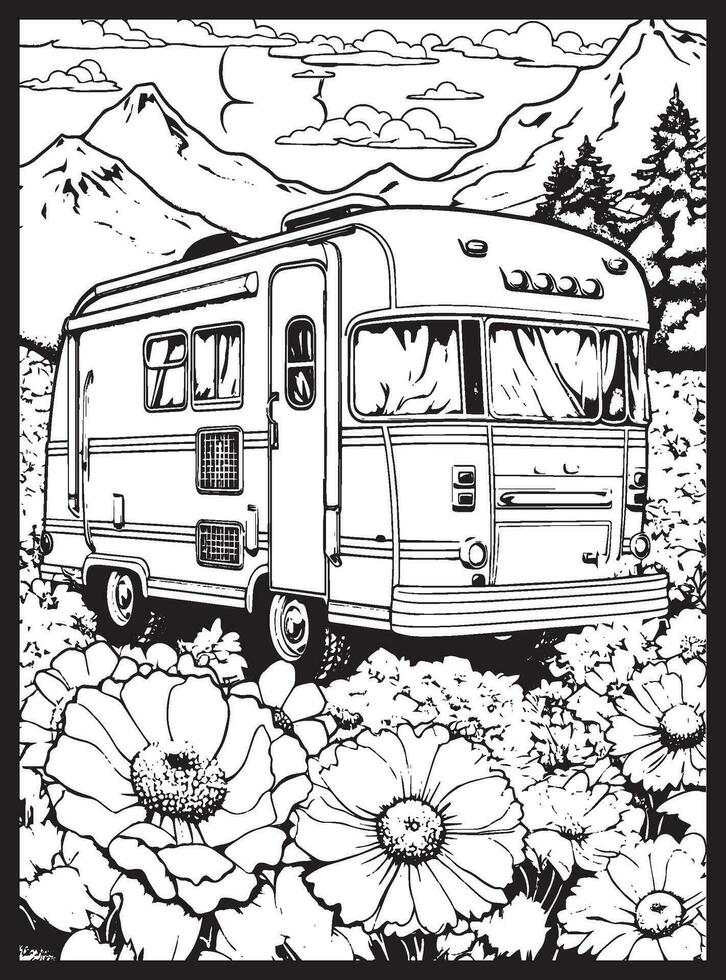 RV Road Trip Coloring Pages Adults vector