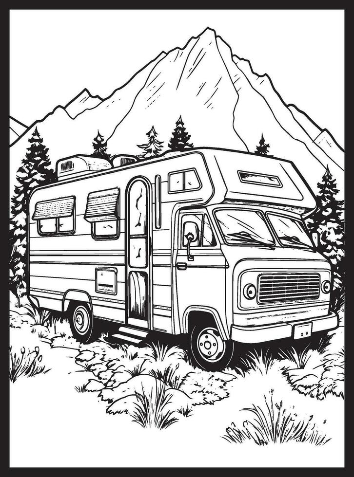 RV Road Trip Coloring Pages Adults vector